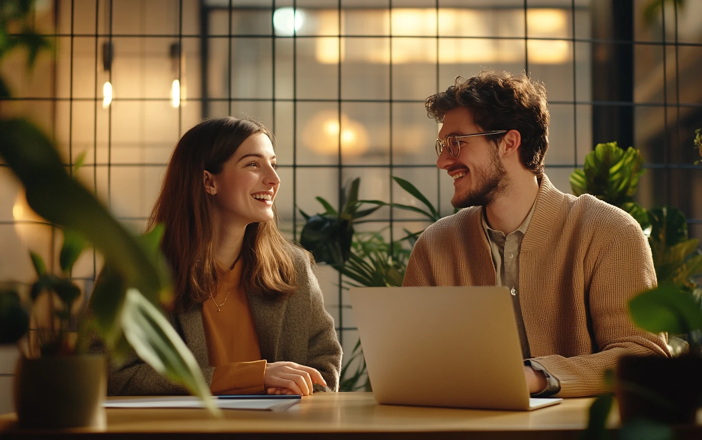 Two professionals discussing financial management solutions in a modern office setting with a laptop and documents, highlighting collaboration and technology in finance.