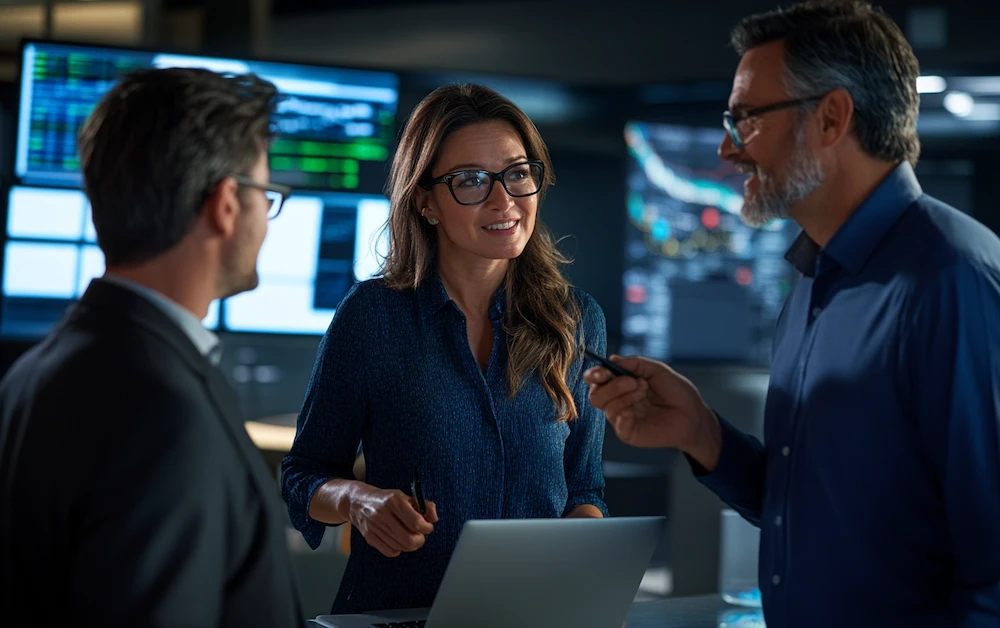 Three professionals discussing data munging and data wrangling strategies in a high-tech office with data analytics dashboards in the background.