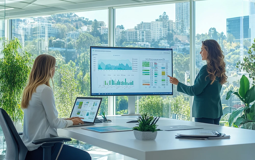 Two professionals analyzing financial data analytics software on a large screen and laptop in a modern office with a city view. The dashboard displays financial charts, KPIs, and insights, highlighting the power of automated data analysis for finance teams.