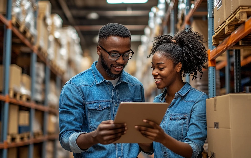 A man and woman in a warehouse reviewing a digital tablet for purchase order reconciliation, ensuring accurate inventory tracking and financial accuracy.