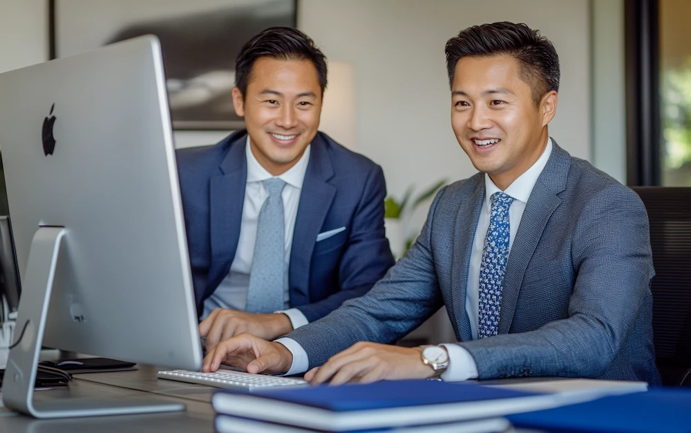 Finance professionals performing check reconciliation on a computer, ensuring accuracy in financial records and transaction matching.