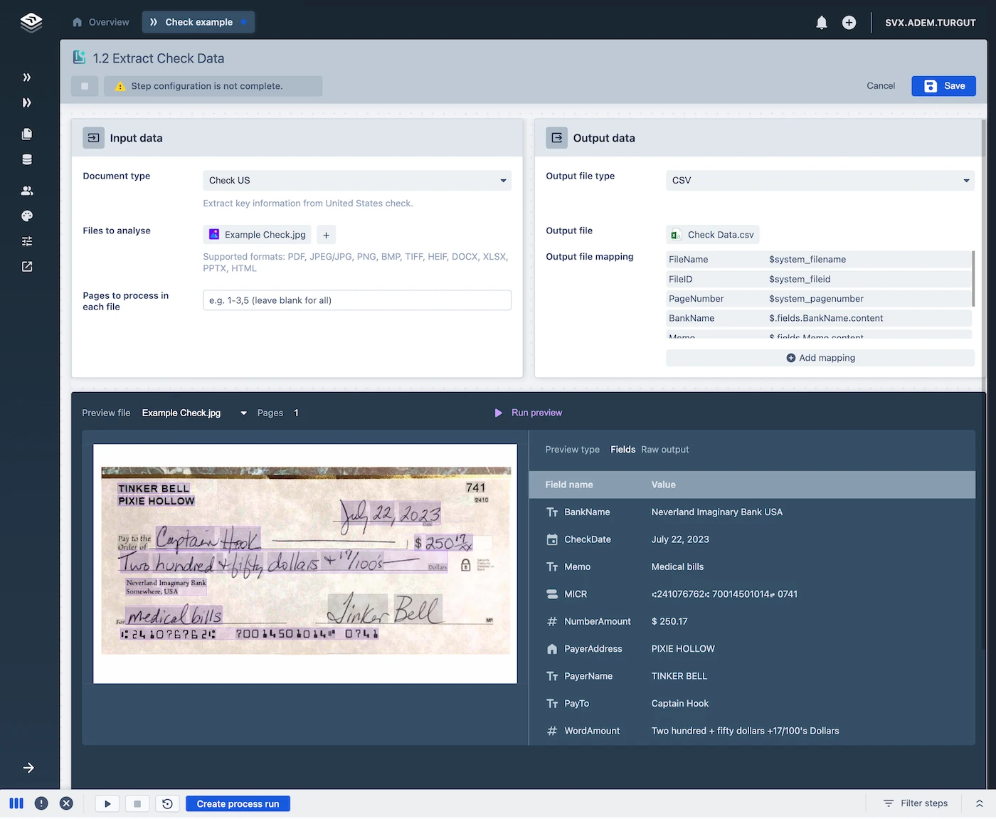 OCR check extraction in SolveXia: A screenshot displaying SolveXia's automated check data extraction process. The image shows input and output data fields, including bank name, check date, memo, amount, and payee details. A sample check is analyzed using OCR, converting handwritten and printed details into structured CSV output. Ideal for businesses automating financial workflows and reconciliation.
