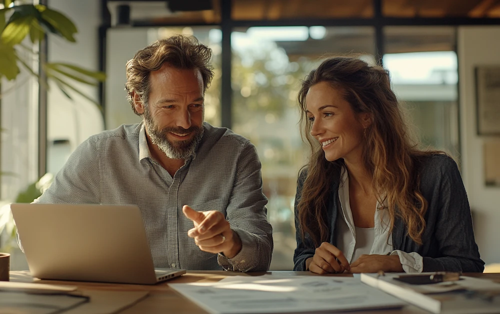 Business professionals using OCR check technology on a laptop to extract and verify financial data in a modern office environment.
