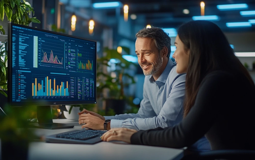 Two professionals collaborating in a modern office, analyzing vibrant data dashboards on a large monitor. The screen displays graphs and charts relevant to data cleaning techniques, data analysis, and integration. Perfect depiction of teamwork and the importance of using data cleaning tools for efficient data cleansing and accurate decision-making.