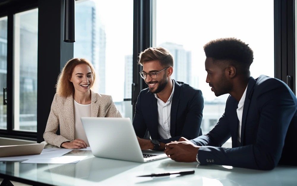 Team of professionals collaborating on a laptop in a modern office, discussing strategies for implementing automatic rebates to streamline business processes.