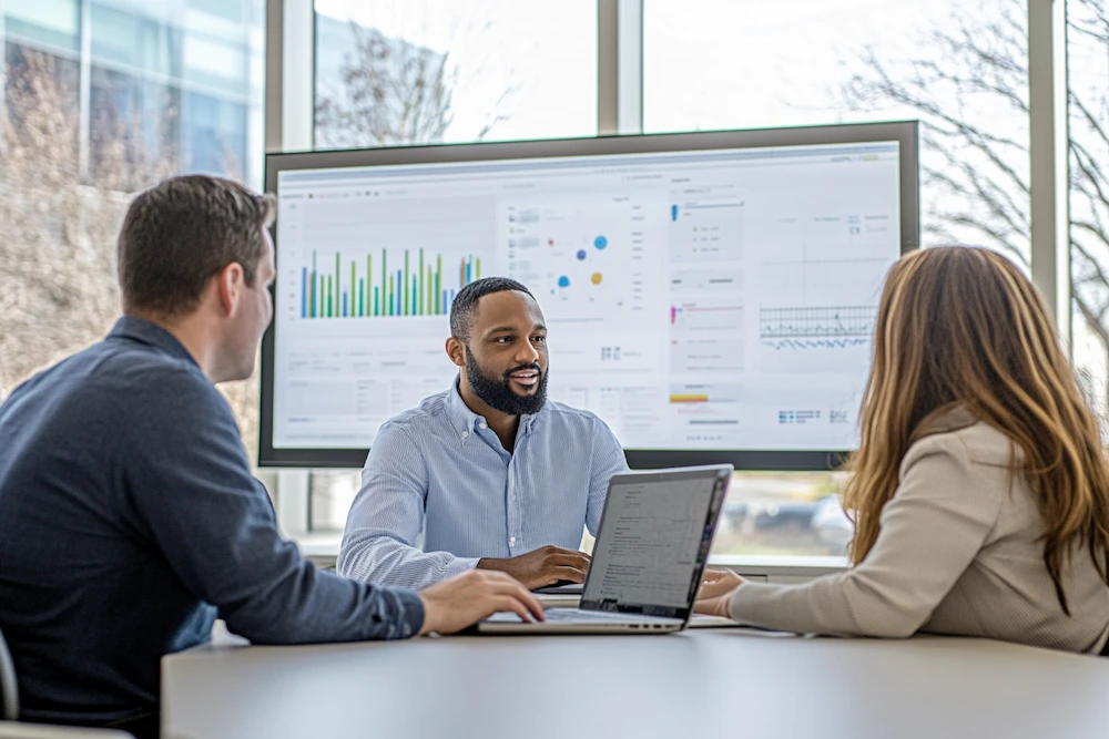 Three professionals in a modern office discussing automation in accounting, with data analytics displayed on a large screen in the background. A central figure presents insights from the screen while using a laptop, emphasizing collaboration and technology-driven solutions in accounting automation.