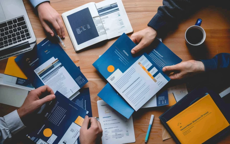 Team collaborating on financial documents, demonstrating the use of disclosure management software for streamlined reporting and compliance.