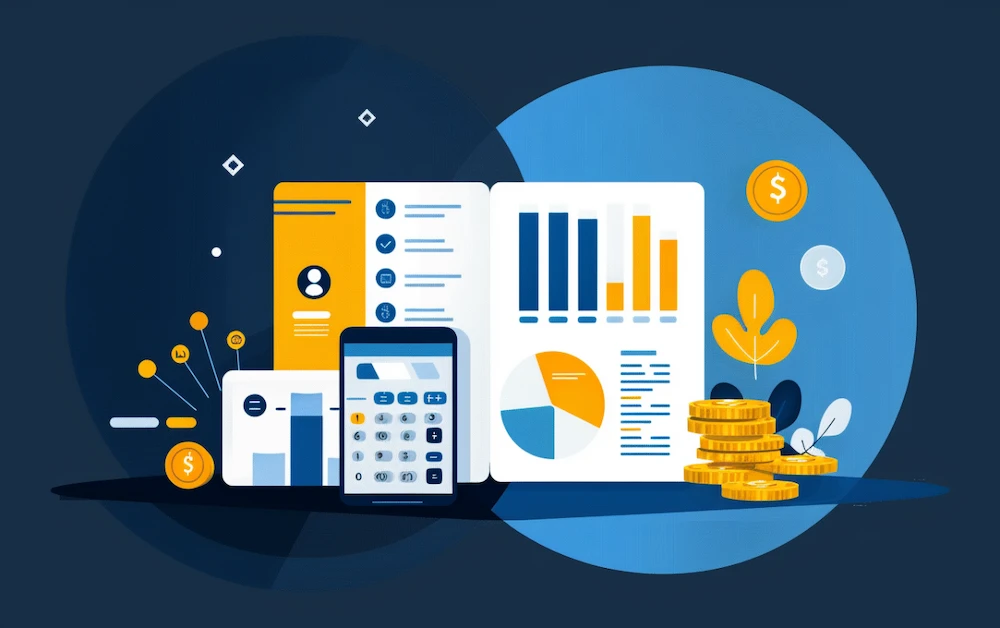 Revenue reconciliation illustration showing financial graphs, a calculator, coins, and data analytics tools, representing automated processes for matching transactions, tracking revenue, and ensuring financial accuracy.