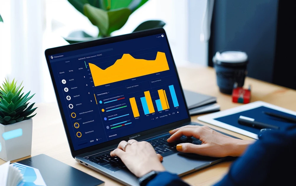 Person analyzing data on laptop using the best financial reporting software, displaying bar charts, graphs, and key financial metrics in a modern dashboard.