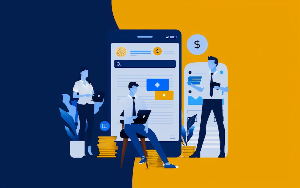 Illustration of a team using technology for financial management, showcasing treasury reconciliation software with charts, mobile apps, and laptops, representing efficient cash flow management and transaction matching.