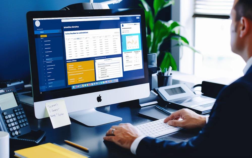 Accountant using GL reconciliation software on desktop computer in a modern office environment.