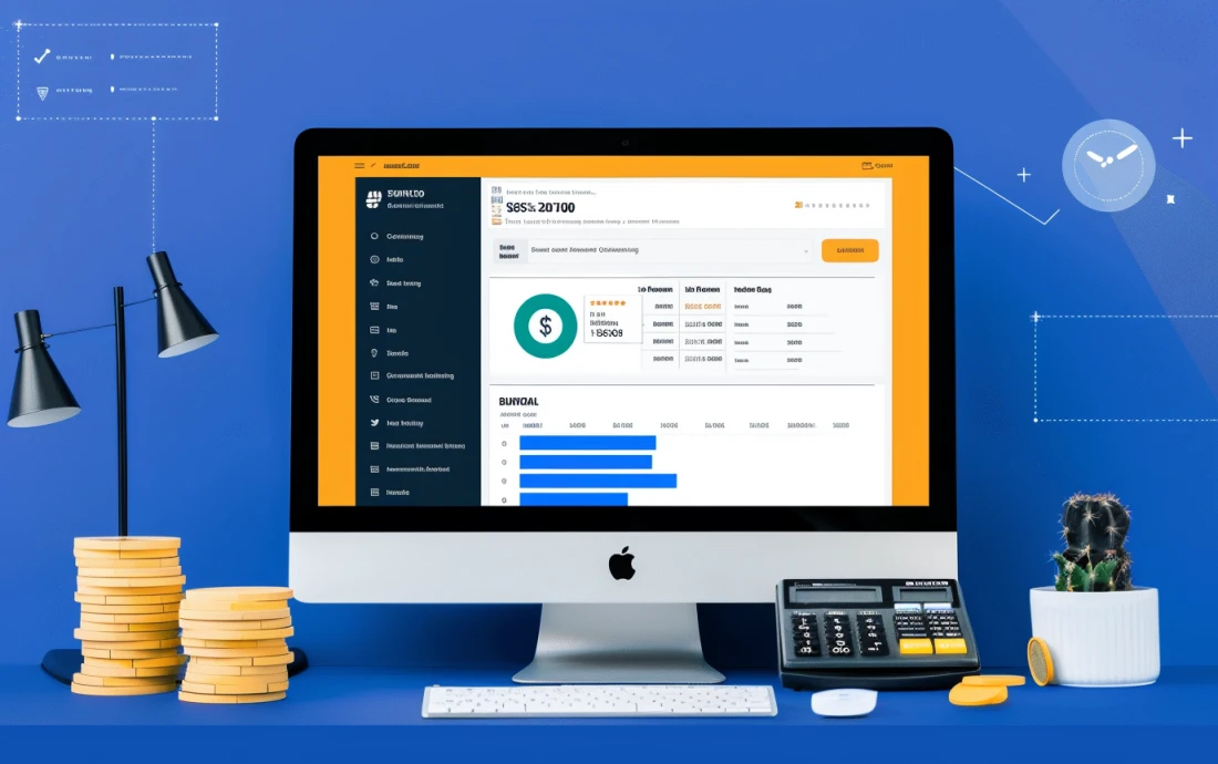 Desktop setup showing bank reconciliation software interface with financial analytics on a screen, alongside office supplies, calculator, and coins.