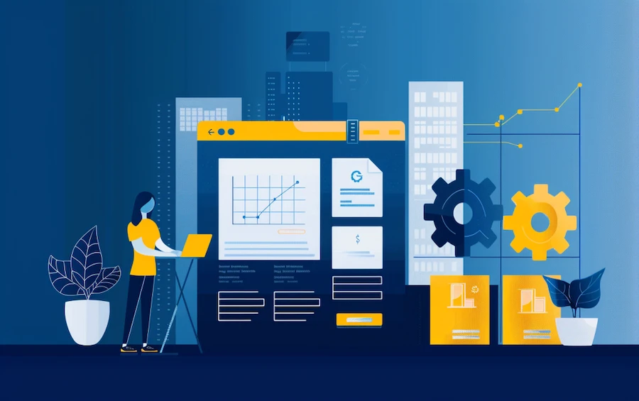 Illustration of a person using a laptop with digital interface and gears symbolizing low code automation in business processes. 