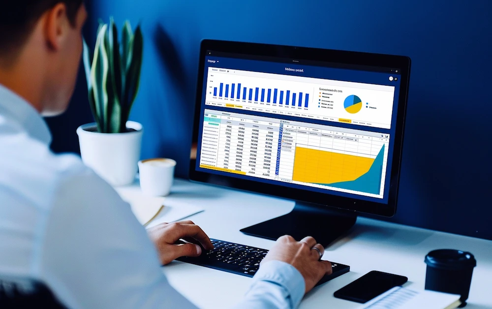 Professional working on a computer with an automated spreadsheet displaying data visualizations and charts, showcasing the efficiency of automated spreadsheet software for streamlined financial analysis and reporting.