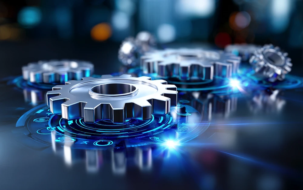 Futuristic metal gears integrated with digital technology, symbolizing the efficiency and innovation of business process automation software.