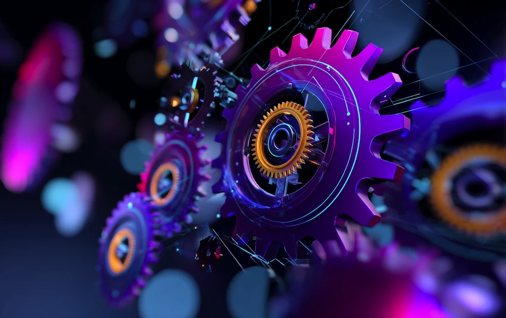 Abstract digital gears symbolizing seamless processes and system integration, representing the benefits of data automation in improving efficiency, accuracy, and business performance.
