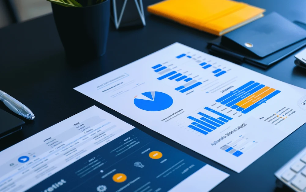 Audit automation charts and graphs on a desk, showing financial data analysis for efficient auditing processes.