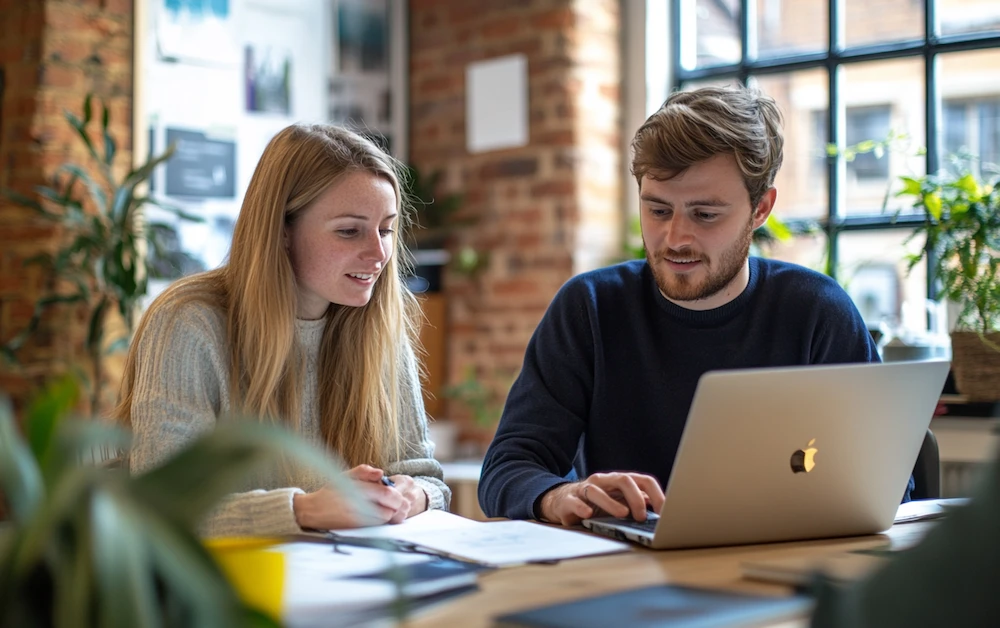 Two professionals collaborating on a data reconciliation project in a bright, modern office. One is using a laptop while the other reviews documents, symbolizing teamwork and the importance of accurate data reconciliation in a business setting.