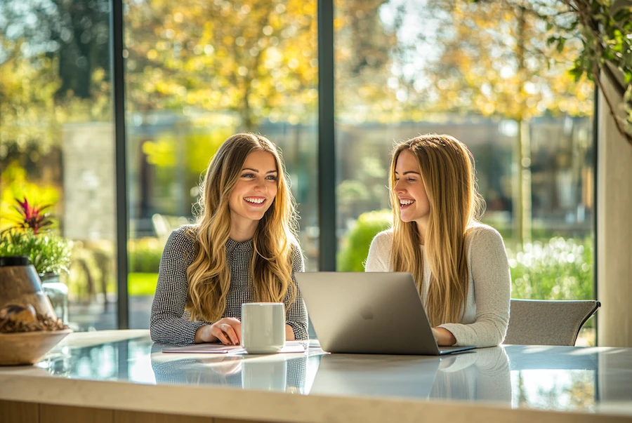Two professional women discussing accounts payable reconciliation in a bright, modern office with large windows and natural light. A laptop and coffee mug on the table emphasize collaboration and efficiency in financial processes.
