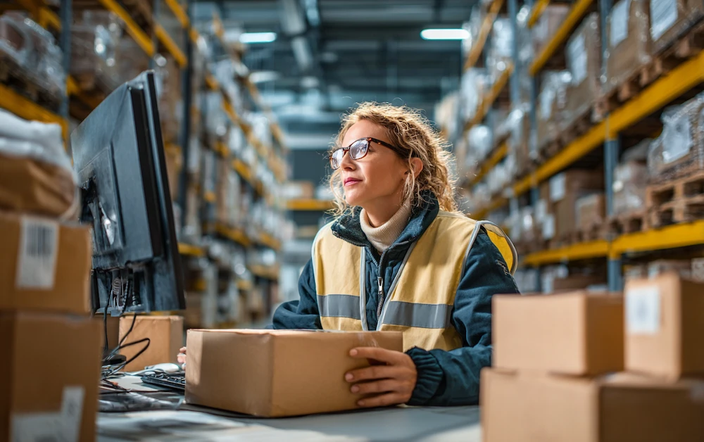 Warehouse employee managing shipments at a computer, surrounded by packages, illustrating the order to cash process.