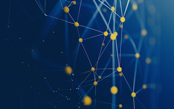 Abstract digital network with interconnected yellow nodes on a blue background, representing data processing and big data technology.