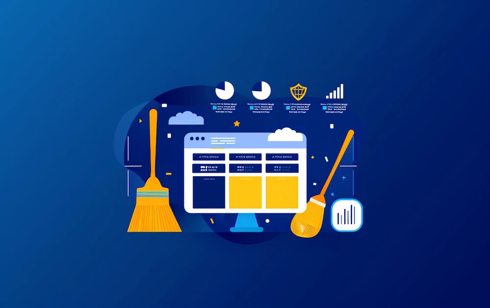 Illustration representing data cleansing tools with brooms sweeping data from a computer screen. The image symbolizes cleaning and organizing data for better performance using data cleansing software.