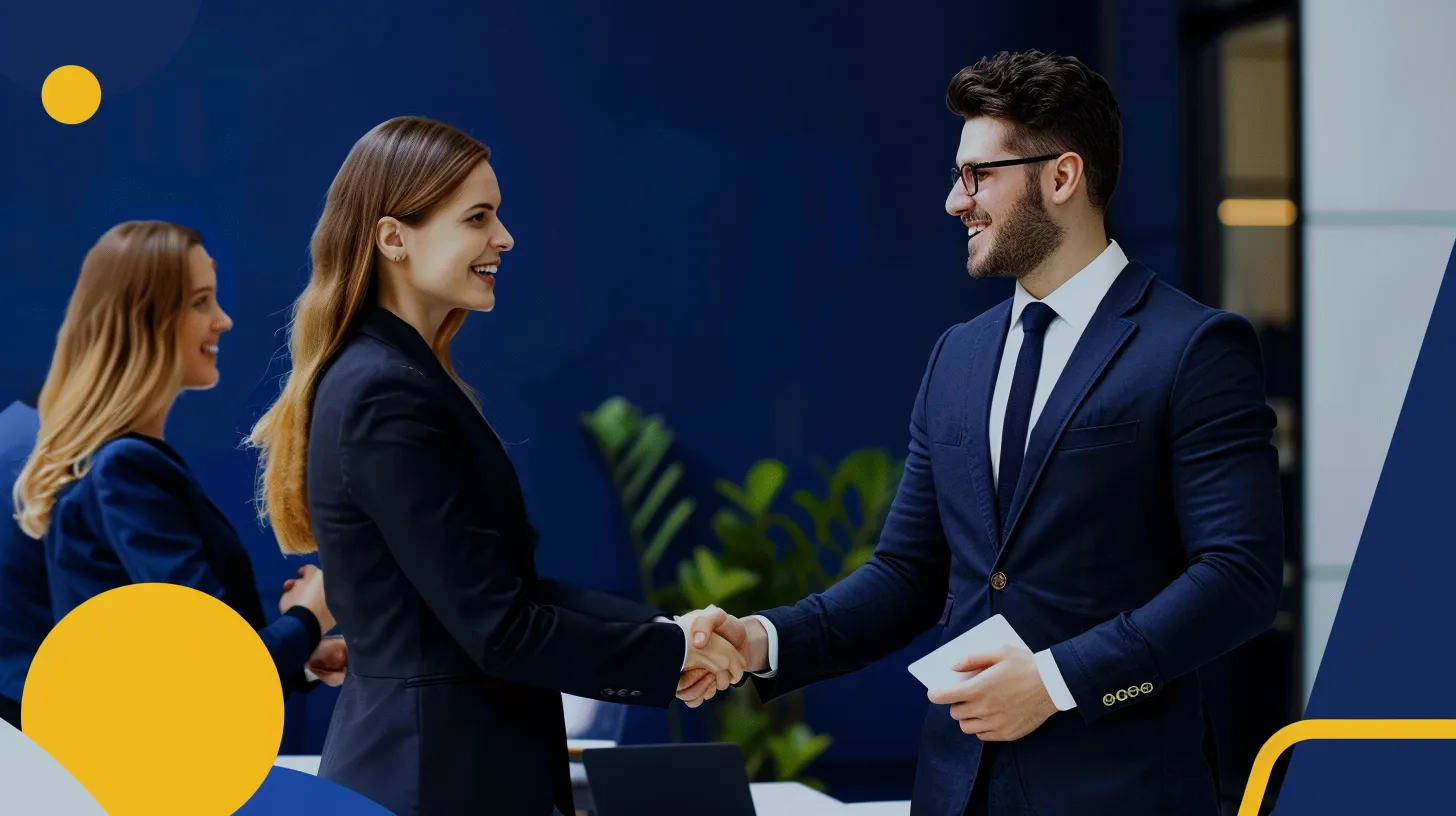 Business professionals shaking hands in a modern office setting, symbolizing successful rebate agreements using rebate management software.