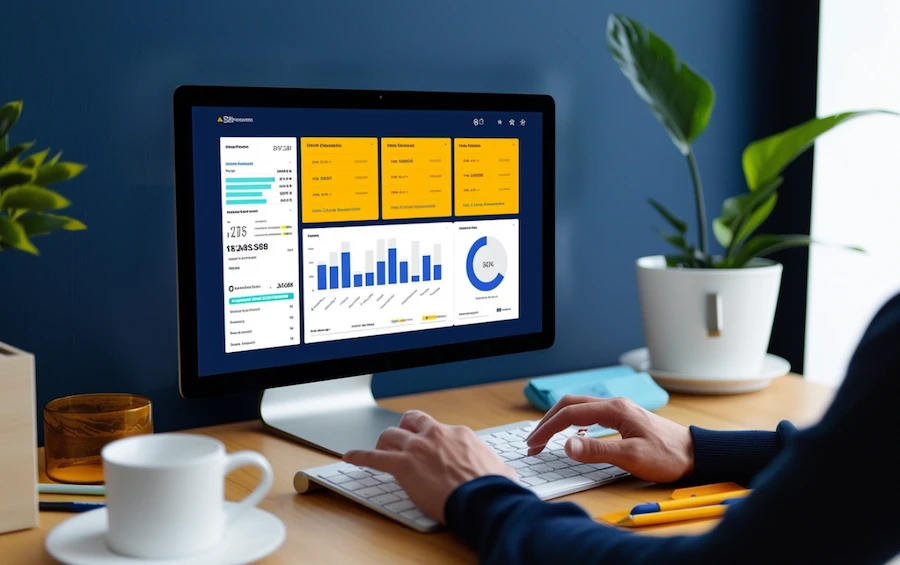 Person using financial reporting software on a desktop computer, showcasing interactive dashboards and data visualizations. The screen displays financial metrics, bar graphs, pie charts, and key performance indicators, enhancing business decision-making. Office setting with plants and a coffee cup on the desk.