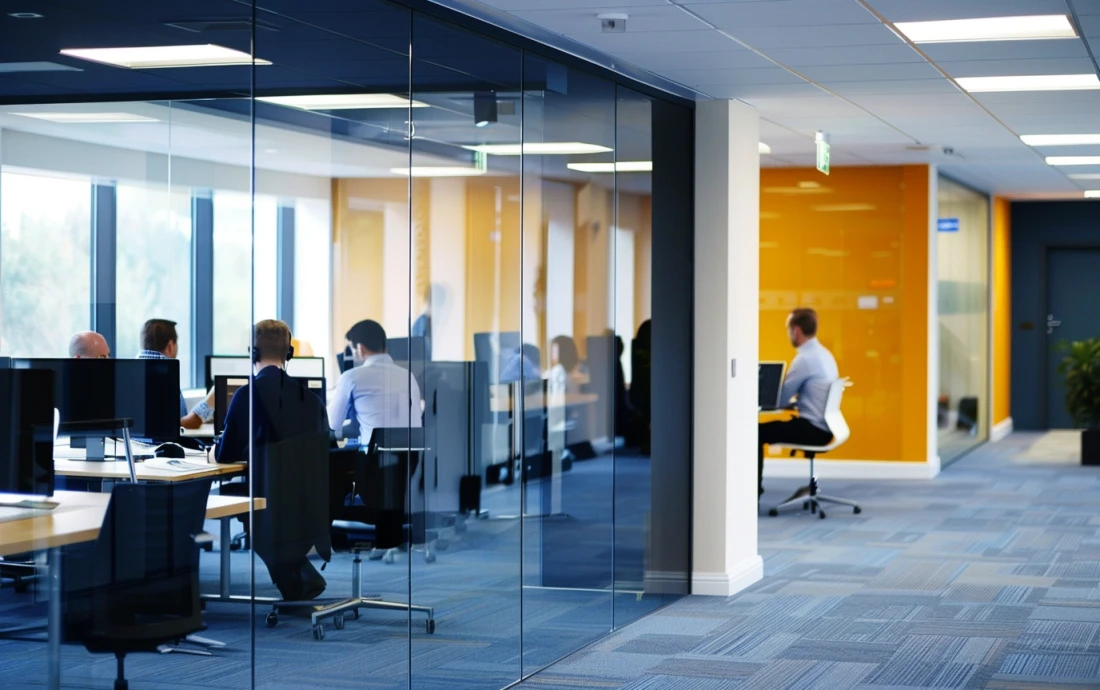 Employees working in a modern finance shared services office with glass walls, highlighting a collaborative and centralized work environment for improved efficiency and cost reduction.