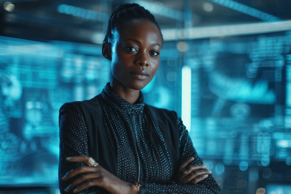 Confident data management professional standing in a futuristic control room with digital data visualizations on screens, illustrating advanced data management solutions and analytics.