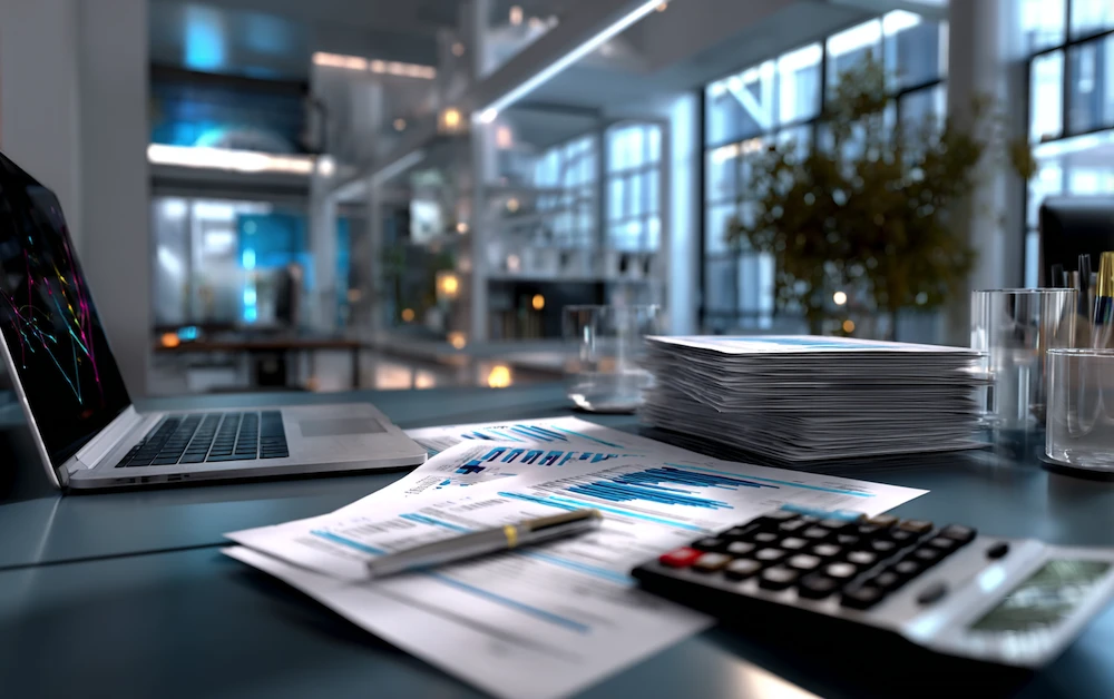 Modern finance office workspace with laptop, calculator, and printed financial reports used for supplier statement reconciliation and data accuracy review.