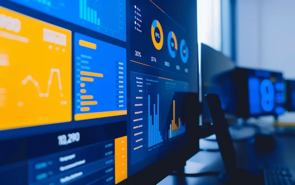 Close-up of data analytics tools on a computer screen displaying various data analytics dashboards and charts