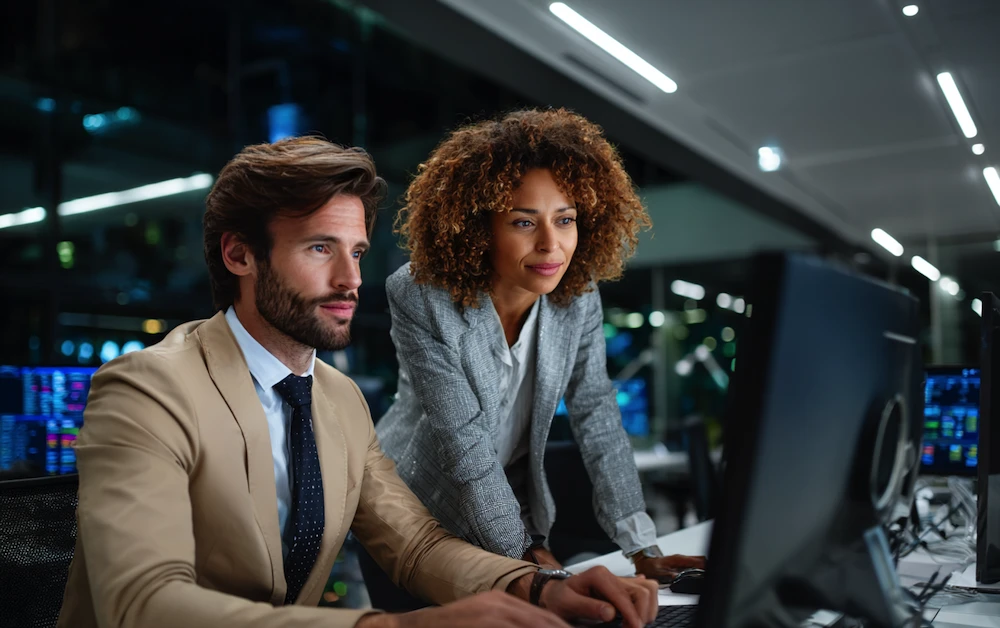 Finance professionals reviewing end-of-day reports on computer screens in a modern office, illustrating the efficiency and collaboration enabled by financial close automation software.
