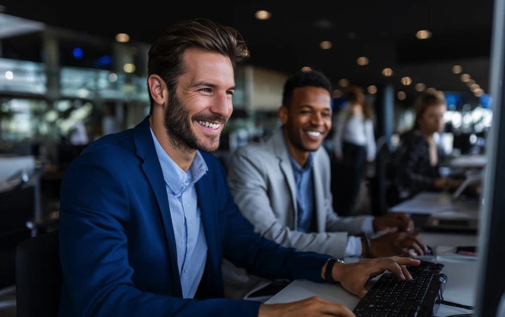 Two smiling business professionals using computers in a modern office, showcasing the benefits of business automation for improved efficiency, collaboration, and productivity in the workplace.