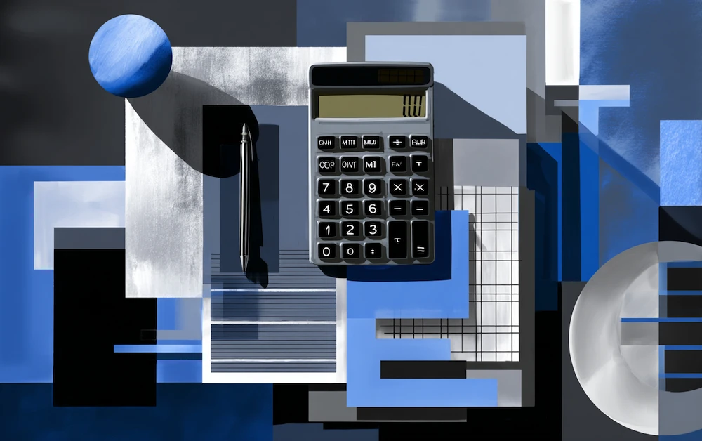 Abstract digital illustration representing different types of reconciliation in accounting and finance. The image features a calculator, pen, and financial documents in blue, gray, and white tones, symbolizing data accuracy, financial matching, and reconciliation processes.