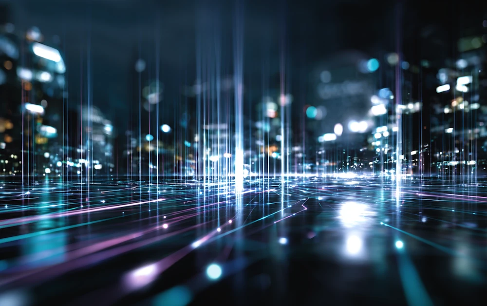 Digital city skyline representing modern data integration and connectivity — concept image for data consolidation software streamlining business data management and analytics.