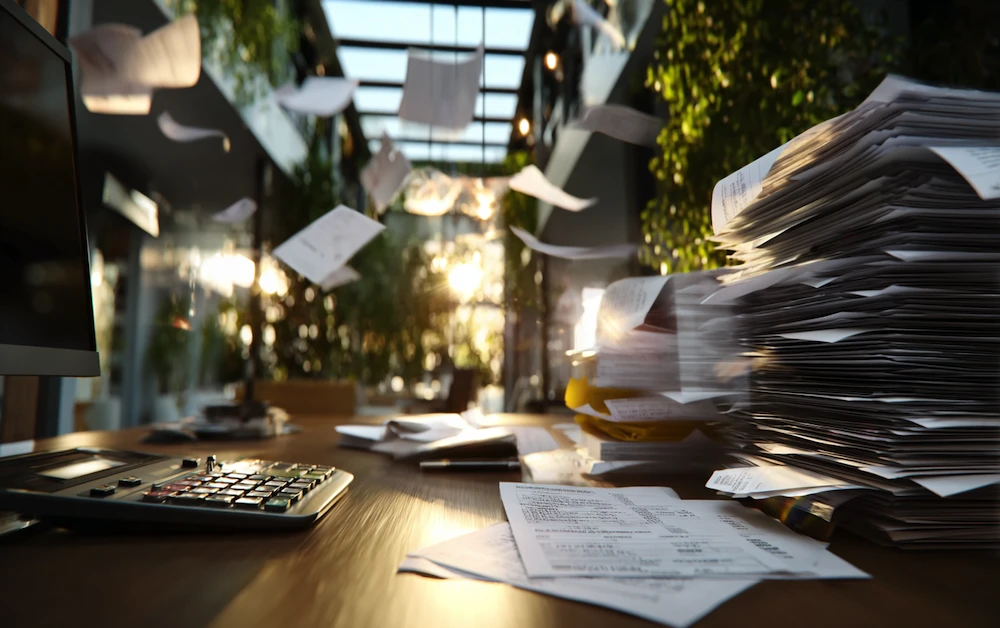 Messy desk with piles of paper invoices and receipts illustrating the challenges of manual invoice matching before automation.