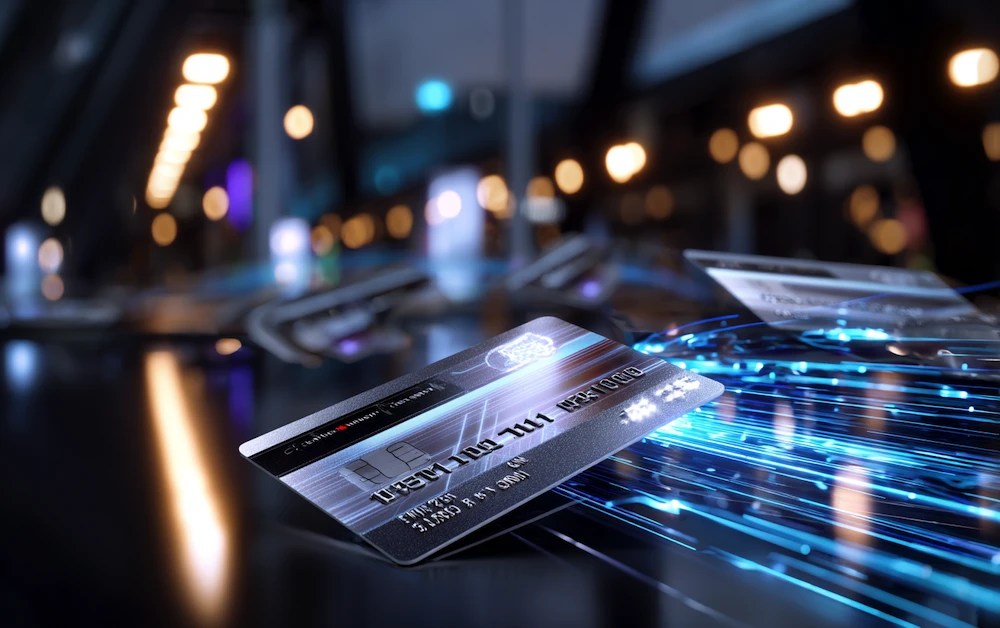 A close-up of digital credit cards moving through a high-speed data stream, representing automated payment reconciliation and real-time financial processing.
