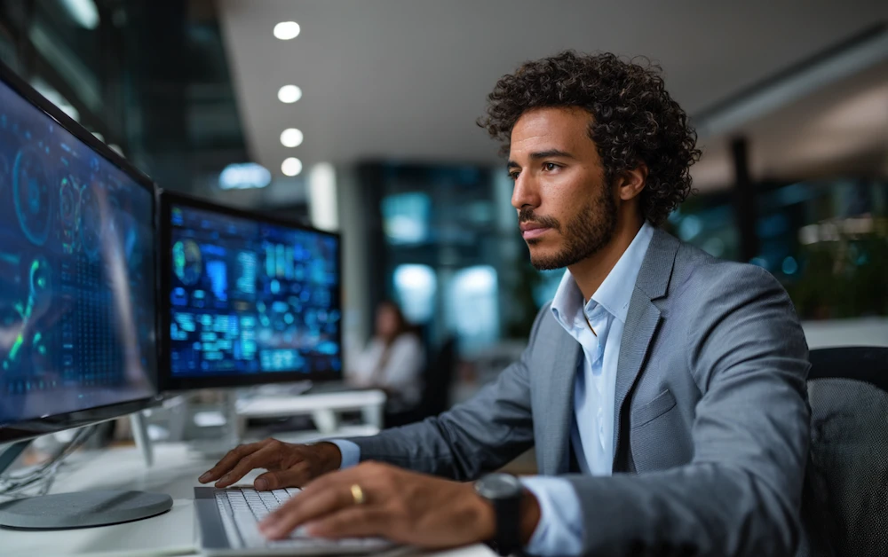 A finance professional analysing digital dashboards on multiple monitors, illustrating the use of check reconciliation software to automate and verify payment data.