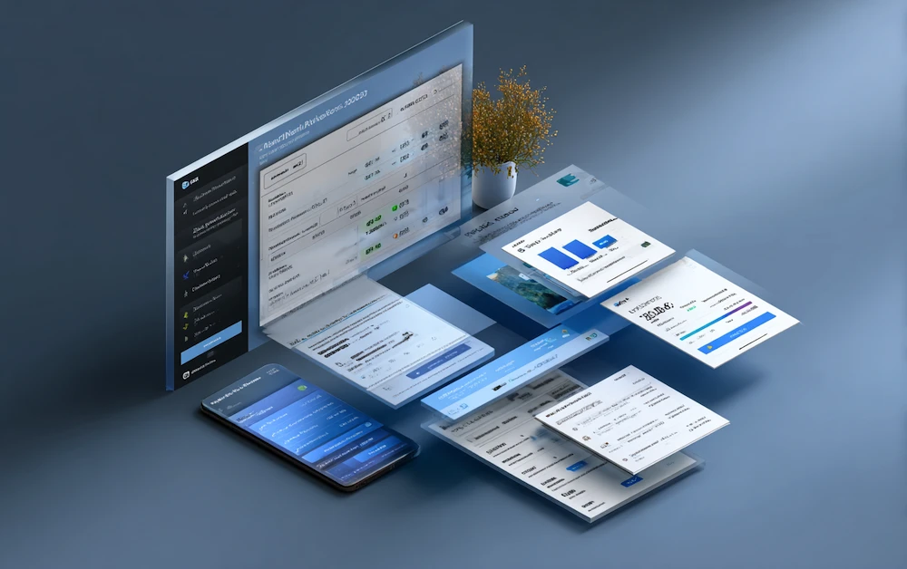 Digital financial dashboards and reports floating above a workspace, representing a modern account reconciliation solution that automates data validation and streamlines financial accuracy.