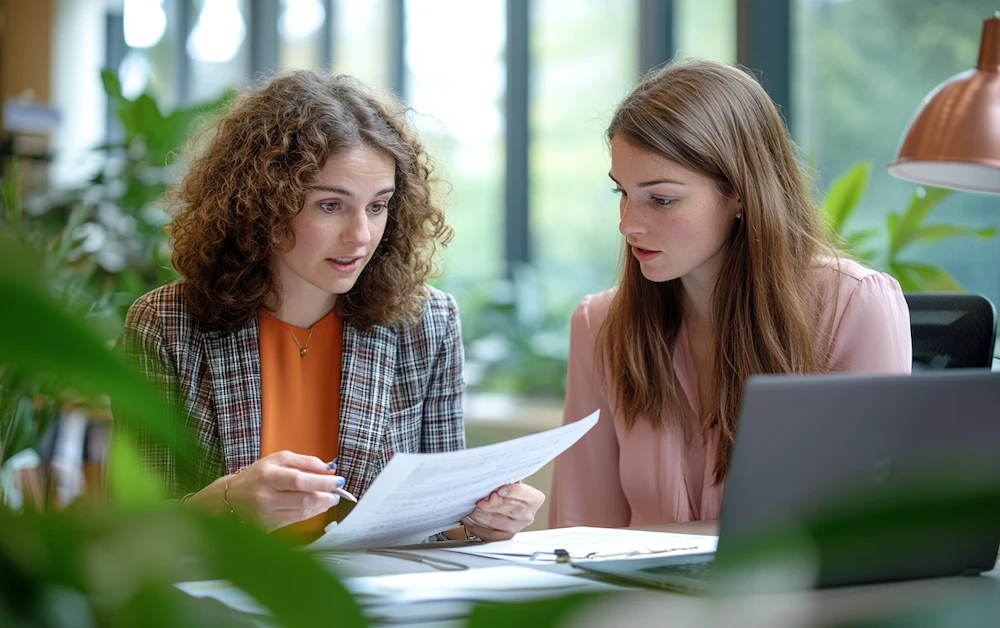 Two professionals reviewing financial documents in an office, demonstrating the importance of collaboration in financial control systems.