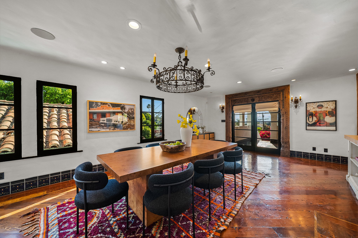 The dining room features the original pine floorboards.