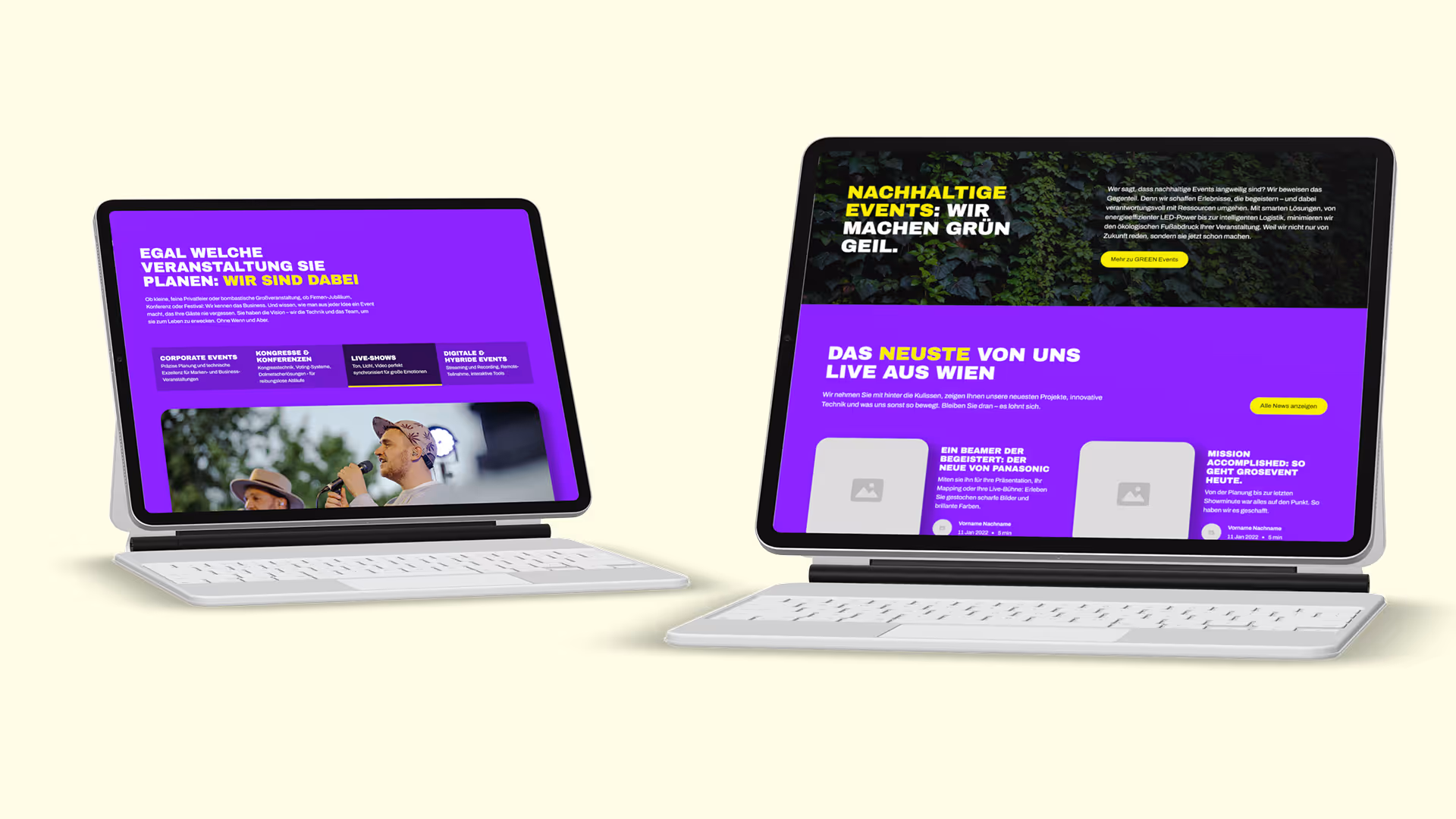 Mockup zweier iPads mit einem Screenshot der Landingpage von Eventtechnik Wien