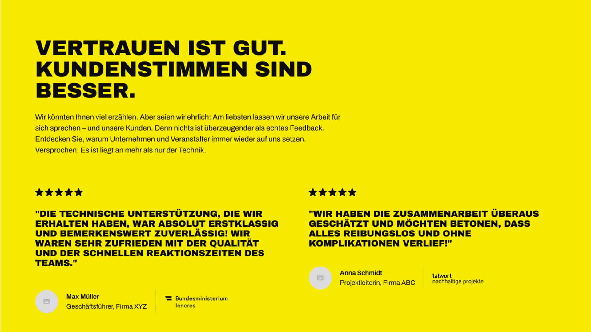 Screenshots der Testimonials der Landingpage von Eventtechnik Wien. Gelber Hintergrund, schwarzer Text