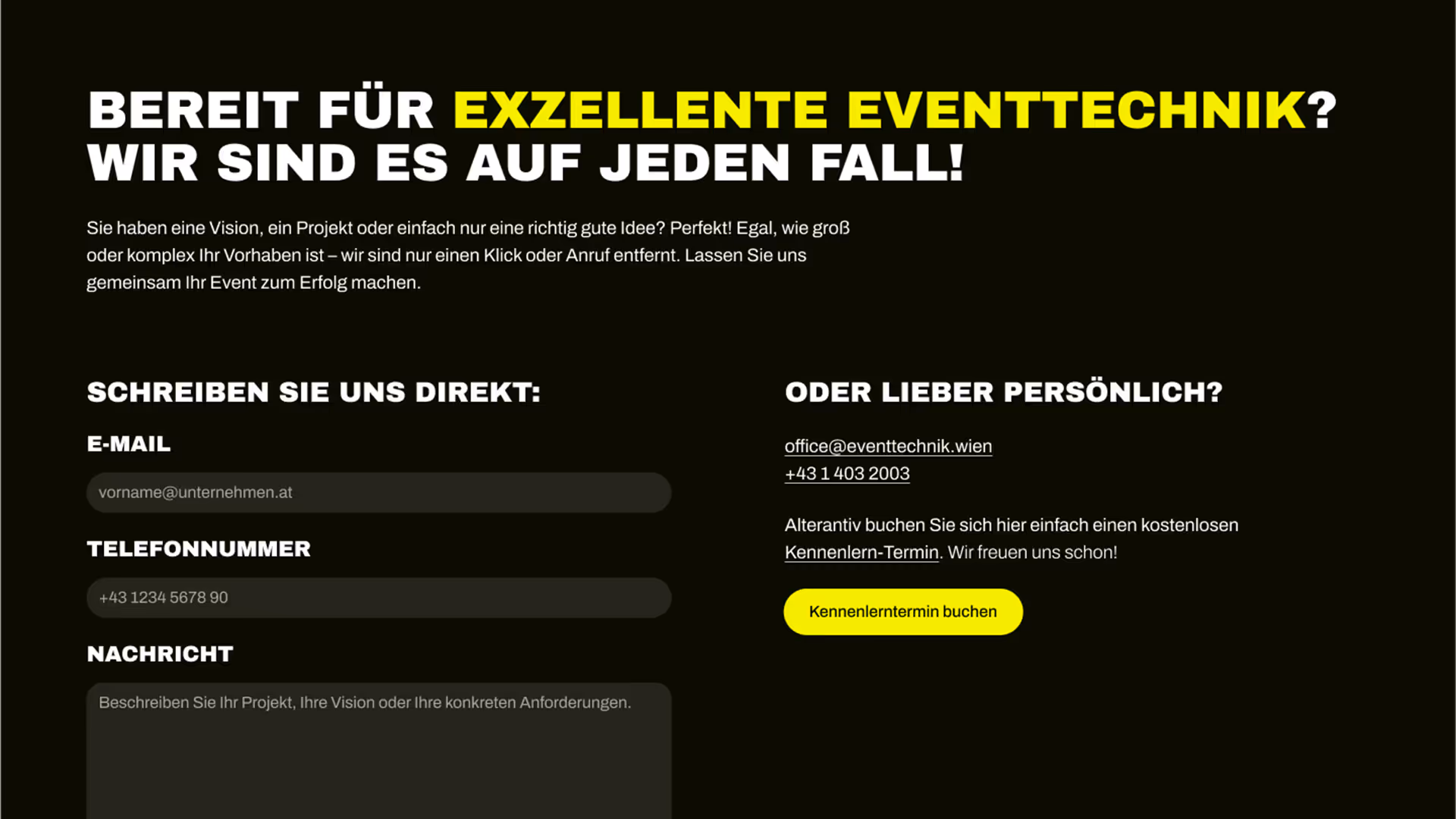 Kontaktbereich der Landingpage Eventtechnik Wien mit einem Kontaktformular