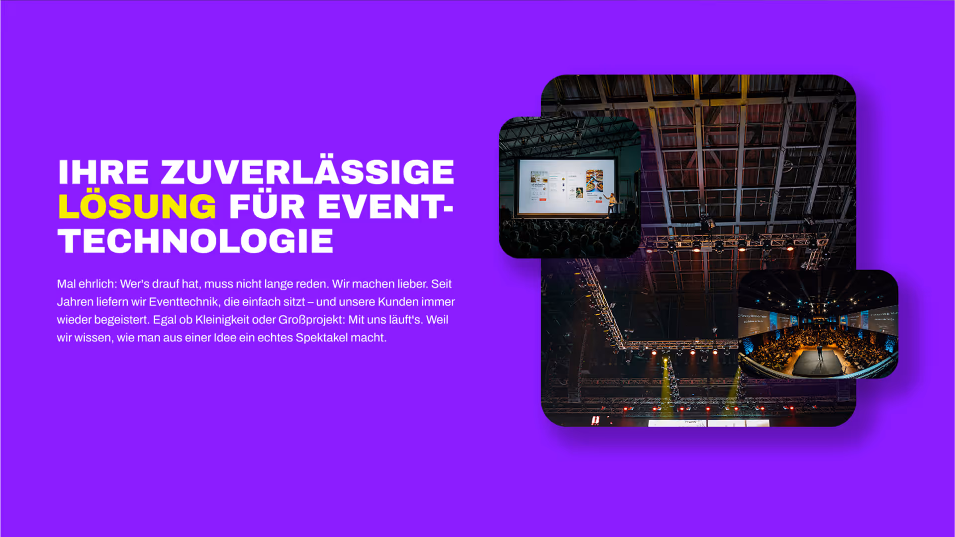 Screenshot der Landing-Page von Eventtechnik Wien. Weißer Text auf blauem Hintergrund: "Ihre zuverlässige Lösung für Event-Technologie"