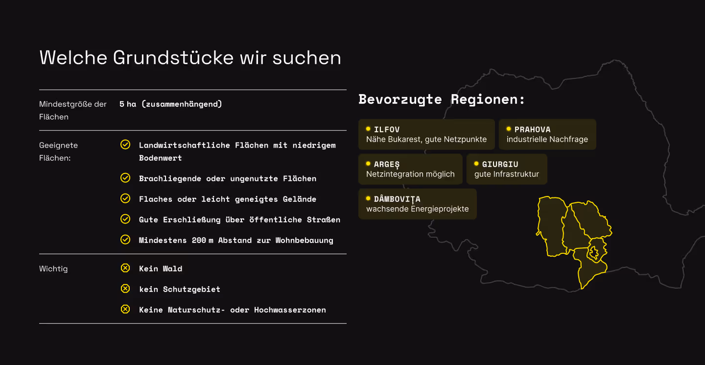 Screenshot der Landingpage. Links tabellarisch die Anforderungen an die Flächen, Rechts die Regionen in Form von Cards über einer Karte von Rumänien