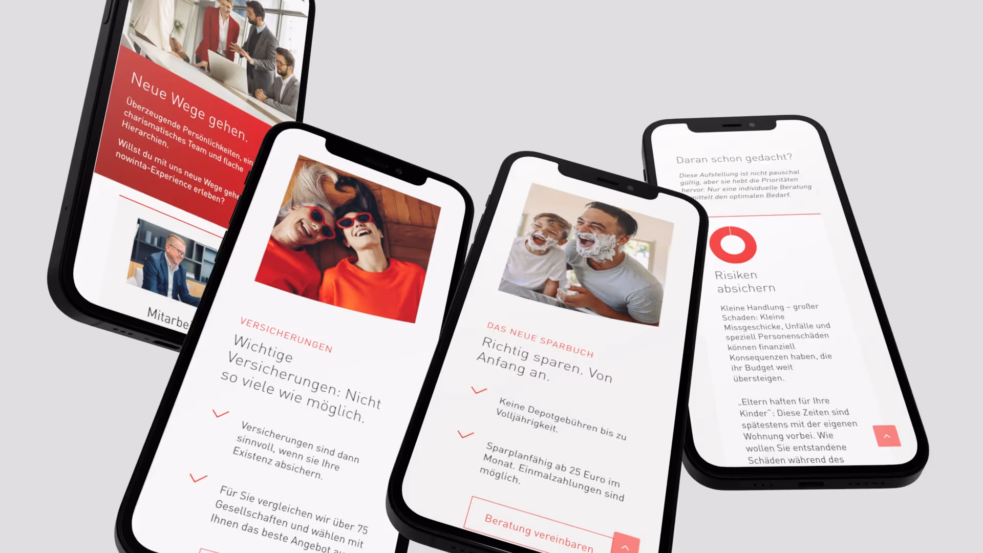 4 Handys fliegen vor einem grauen Hintergrund und zeigen verschiedene mobile Ausschnitte aus der Website von nowinta