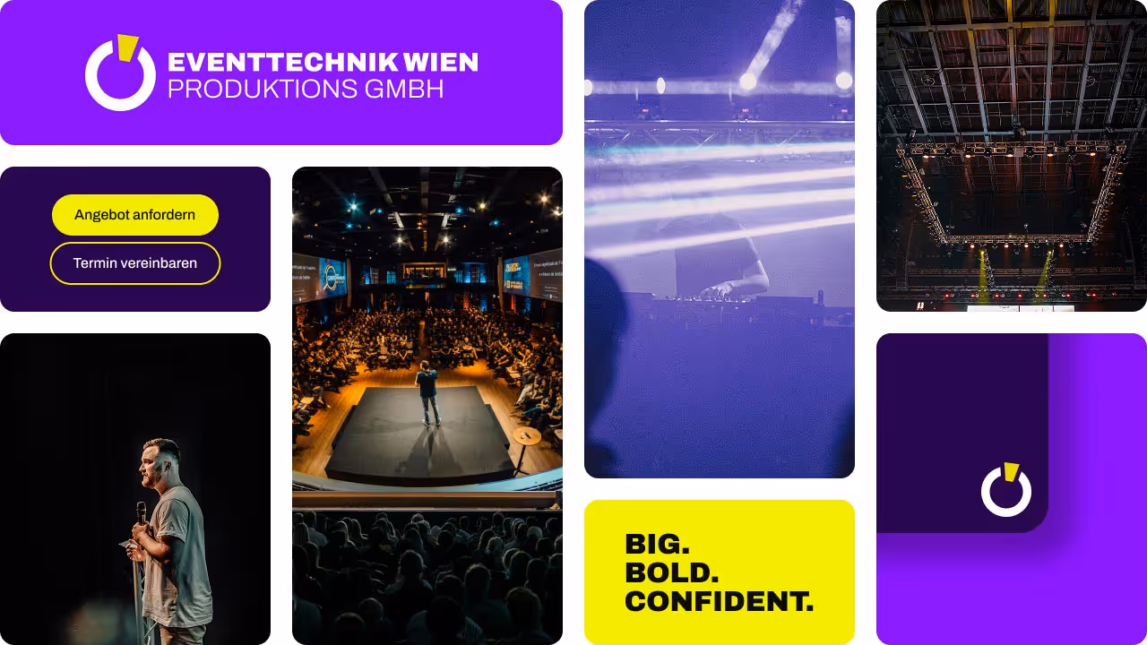 Moodboard für Eventtechnik Wien. Farben, Bildsprache und Keyvisual-Elemente werden in einem Raster präsentiert.