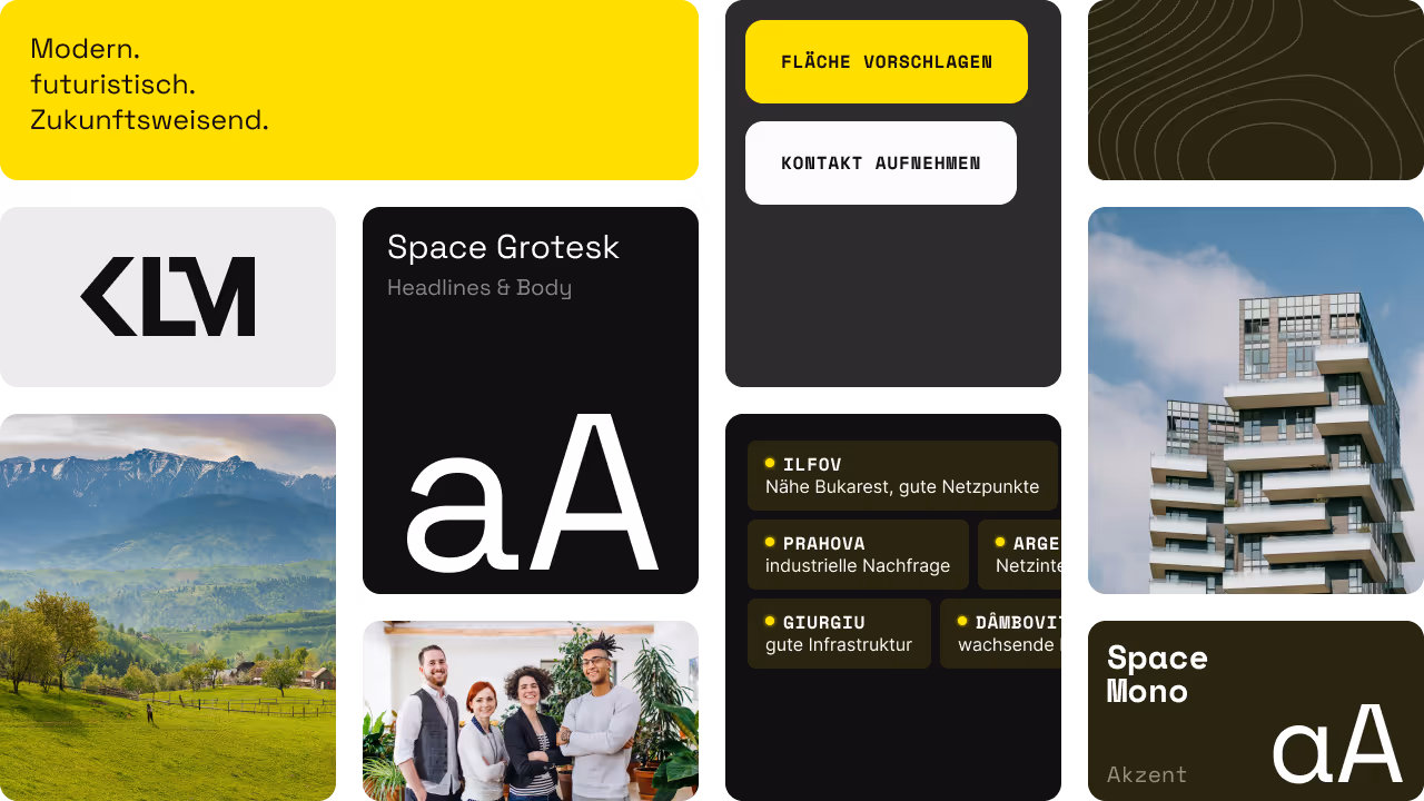 Moodboard für das Projekt. Bildsprache Keyvisuals, Farben und Elemente werden in einem Raster angezeigt